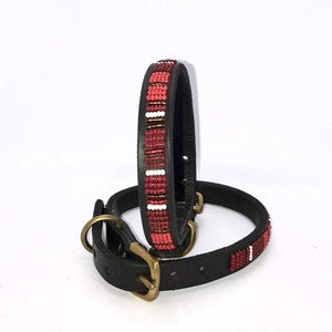Puppy/Toy Dog beaded leather collars - Neck size 9"-11" (23-29cm) 1/2" (1.5cm) wide - Click to select colour