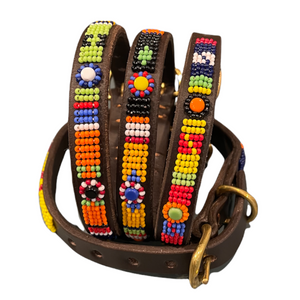 Small breed beaded leather Dog Collars - Neck size 11"-13" (28-34cm) 1/2" (1.5cm) wide - Click to select colour