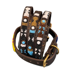 Small breed beaded leather Dog Collars - Neck size 11"-13" (28-34cm) 1/2" (1.5cm) wide - Click to select colour